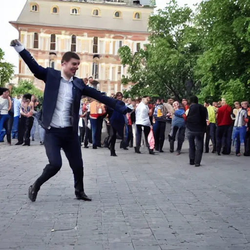 Prompt: ukraine and russia settle their differences through dancing in the streets.