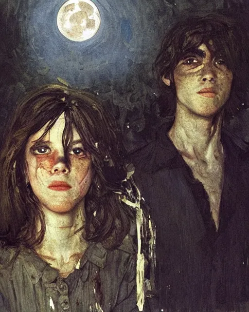 Prompt: two handsome but creepy young people in layers of fear, with haunted eyes and tangled hair, 1 9 7 0 s, seventies, wallpaper, a little blood, moonlight showing injuries, delicate embellishments, painterly, offset printing technique, by coby whitmore, jules bastien - lepage