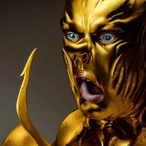 Prompt: a demon inspired by gold created by the make up artist hungry, photographed by andrew thomas huang, cinematic, expensive visual effects