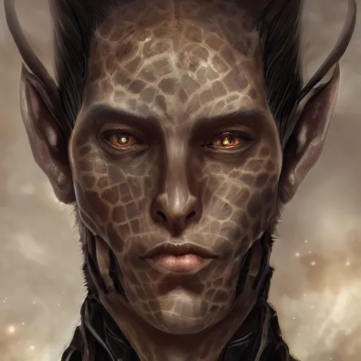 Image similar to beautiful full body portrait of a human - giraffe hybrid male wizard, scaley!! black onyx skin, by wlop and artgerm, steampunk fiction, detailed deep black eyes, space background, trending, on artstation.