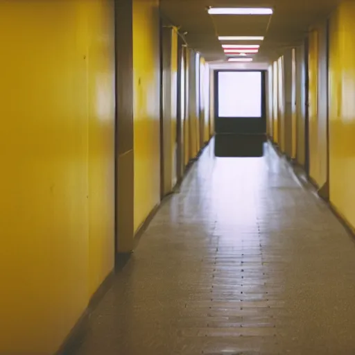 Image similar to an empty yellow hallway, liminal space, vhs recording