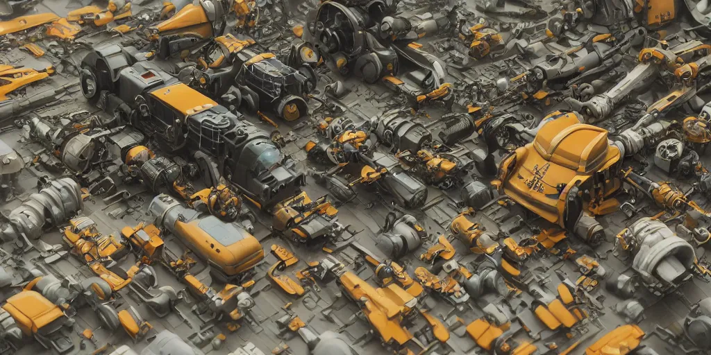 Prompt: collection of exploration of form and shapes, props, hard surface, panel, simon stalenhag, kitbash, items, gadget, big medium small, close up, vehicles, futuristic, parts, machinery, greebles, insanely detailed, case, hardware, golden ratio, wes anderson color scheme