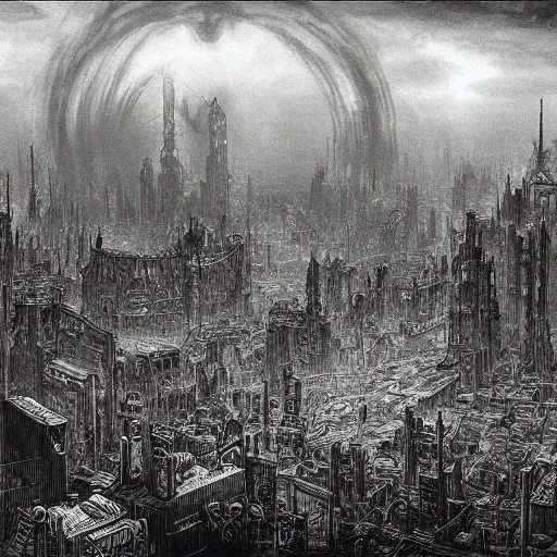 Image similar to dieselpunk city drawn by gustave dore