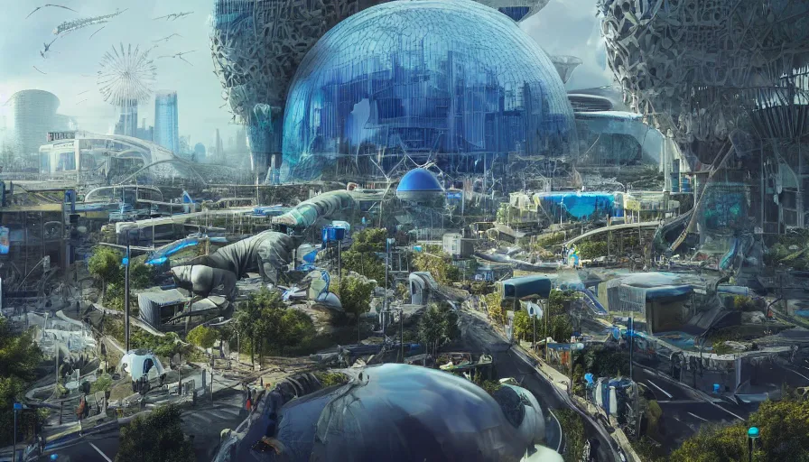 Prompt: futustic london's zoo with huge crowded place, animal enclosures, blue glass domes, hyperdetailed, artstation, cgsociety, 8 k