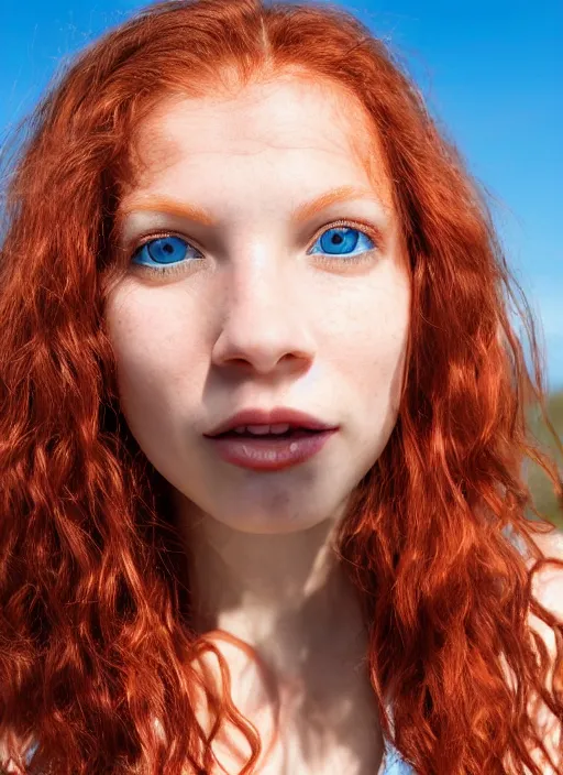 Image similar to close up portrait photograph of a thin young redhead woman with russian descent, sunbathed skin, with deep blue eyes. Wavy long maroon colored hair. she looks directly at the camera. Slightly open mouth, face takes up half of the photo. a park visible in the background. 55mm nikon. Intricate. Very detailed 8k texture. Sharp. Cinematic post-processing. Award winning portrait photography. Sharp eyes.