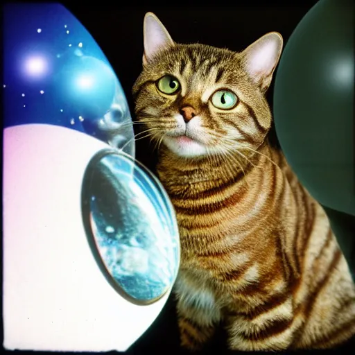 Image similar to Lomotype candid photography of an astronaut brown tabby cat with a bubble as a helmet, visiting Saturn, surrounded by bubbles