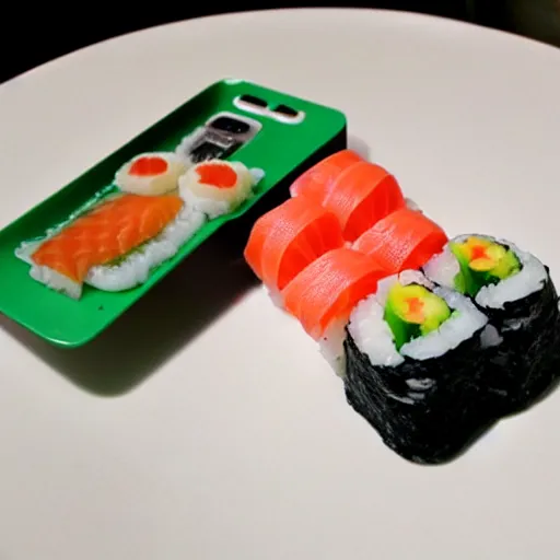 Prompt: mobile phone made of sushi