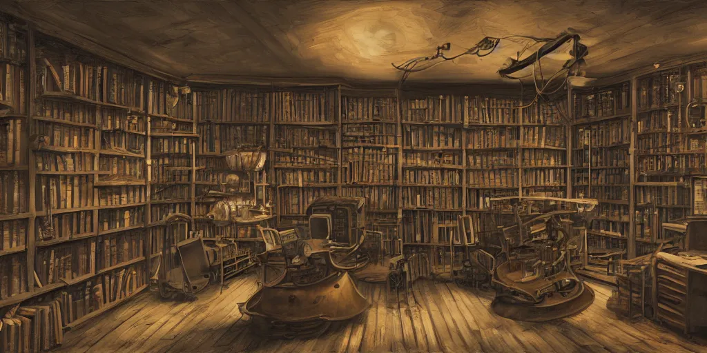 Prompt: steampunk oceanographer study, maps crowding the walls, bookshelves, paintings of ocean topography, sonar equipment, marine biologist lab, bookshelves, incandescent lighting, unreal engine, bibliopunk