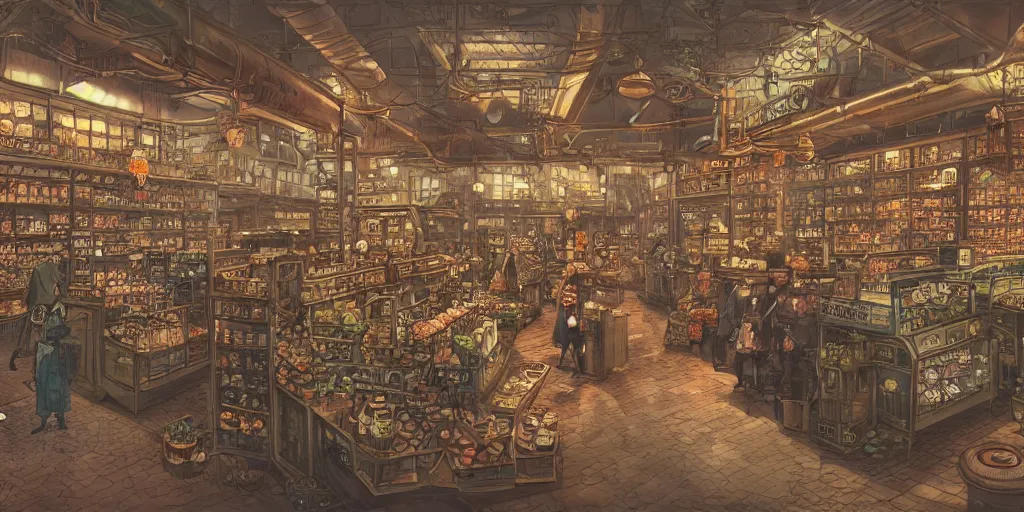 Prompt: Steampunk grocery store overview mapa design, Moebius, Greg Rutkowski, Zabrocki, Karlkka, Jayison Devadas, Phuoc Quan, trending on Artstation, 8K, ultra wide angle, pincushion lens effect