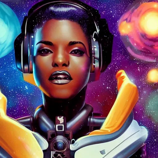 Image similar to black female cyberpunk astronaut in a 1 9 5 0's pinup art, cinematic composition, award winning art, octane render, exploding nebulae, outer space, artwork by norman rockwell