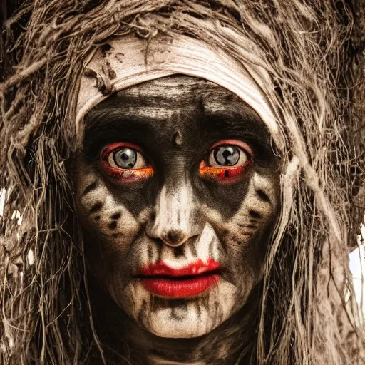 Image similar to 3 5 mm coloured film portrait of strange female aghori sadhu covered in ash creature, hyperrealism, photorealistic, detailed, atmospheric, 8 k, award winning photography, cinematic