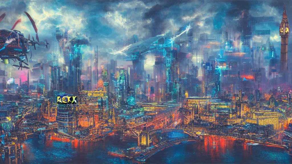Image similar to a Cyberpunk city, Big Ben, the Westminster, River Thames, flying aircrafts, neon, highly detailed oil painting, epic fantasy art, abstraction, masterpeice, 8k