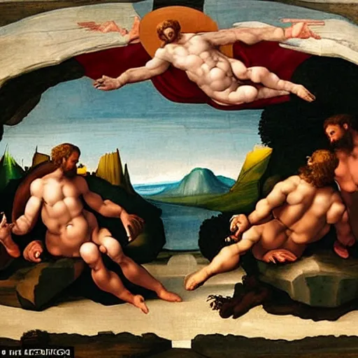 Prompt: the creation of adam by michelangelo, but with primates, highly detailed, painting