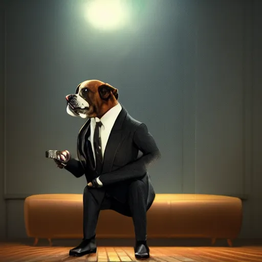 Image similar to a dog wearing a business suit smoking a cigar, dramatic lighting, cinematic, establishing shot, extremly high detail, photorealistic, cinematic lighting, concept art, artstation, style by greg rutkowsky