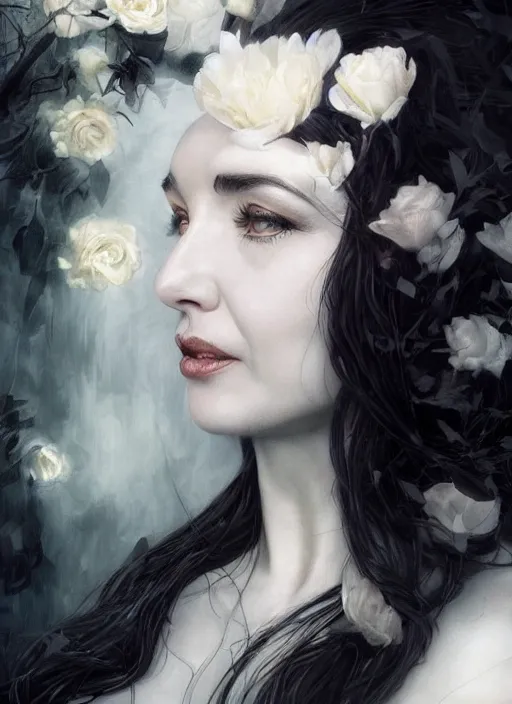 Prompt: portrait of kate bush against a velvet background, lush black hair, pale skin, white roses, flowing material, intricate, beautiful cinematic lighting, stunning painting by artgerm, caravaggio, android jones, wadim kashin