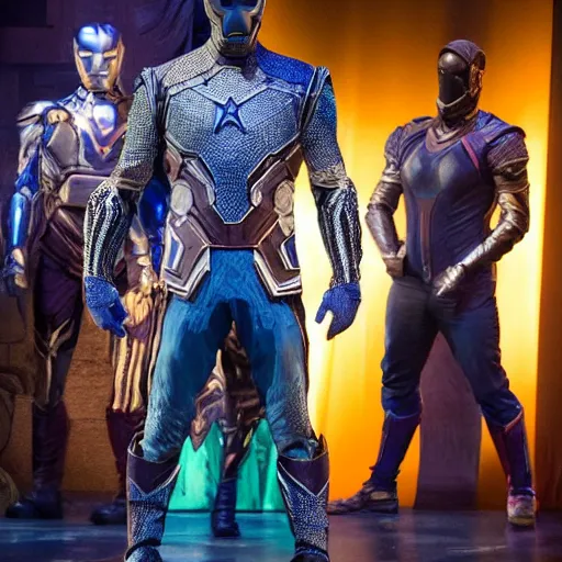 Image similar to costumes by Julie Taymor for Avengers: Infinity War the musical on broadway, production photos