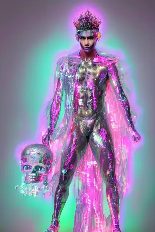 Prompt: full-body rococo and cyberpunk delicate neon crystalline sculpture of (((muscular slender prince Zayn Malik))) as an iridescent humanoid deity wearing a thin see-through ((plastic hooded cloak)) sim roupa (holding a human skull), reclining con (las piernas abiertas), glowing pink face, crown of (((white lasers))), large diamonds, swirling black silk fabric. futuristic elements. oozing glowing liquid, full-length view. space robots. intricate artwork by caravaggio. Trending on artstation, octane render, cinematic lighting from the right, hyper realism, octane render, 8k, depth of field, 3D