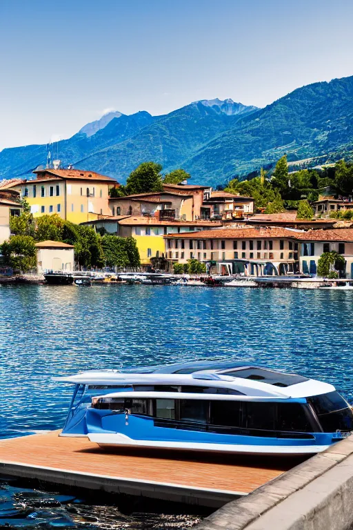 Image similar to Photo of a Riva Aquarama floating near a dock with Lake Como in the background, wide shot, daylight, blue sky, summer, dramatic lighting, award winning, highly detailed, 1980s, luxury lifestyle, fine art print, best selling.