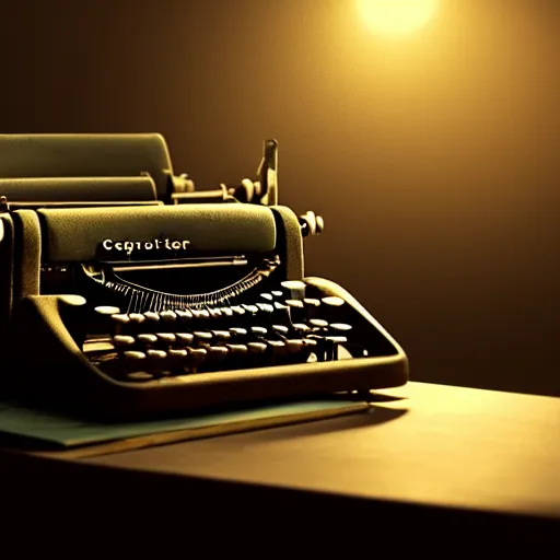 Image similar to painting of a typewriter on a desk in a dimly lit room, volumetric lighting, style of greg rutkowski