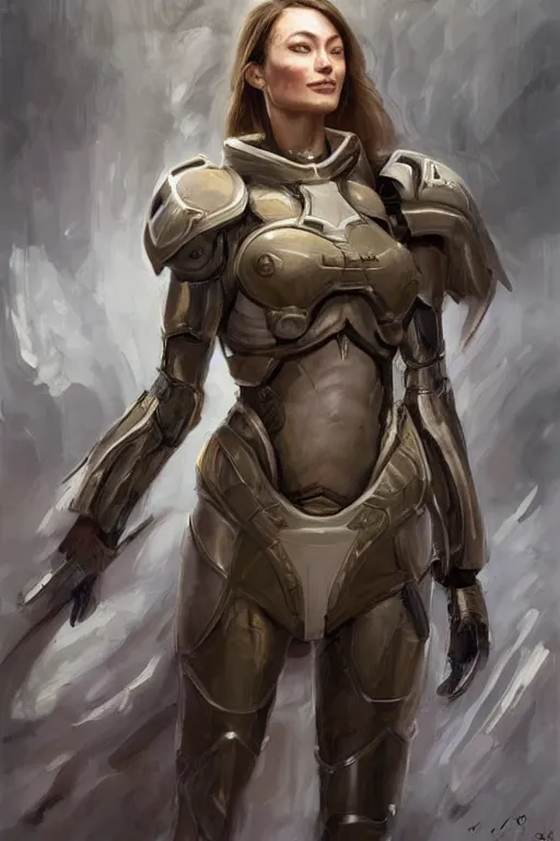 Image similar to a professional painting of a young Olivia Wilde, clothes in military armor, olive skin, long dark hair, beautiful bone structure, symmetrical facial features, intricate, elegant, digital painting, concept art, smooth, sharp focus, illustration, from StarCraft by Ruan Jia and Mandy Jurgens and Artgerm and William-Adolphe Bouguerea