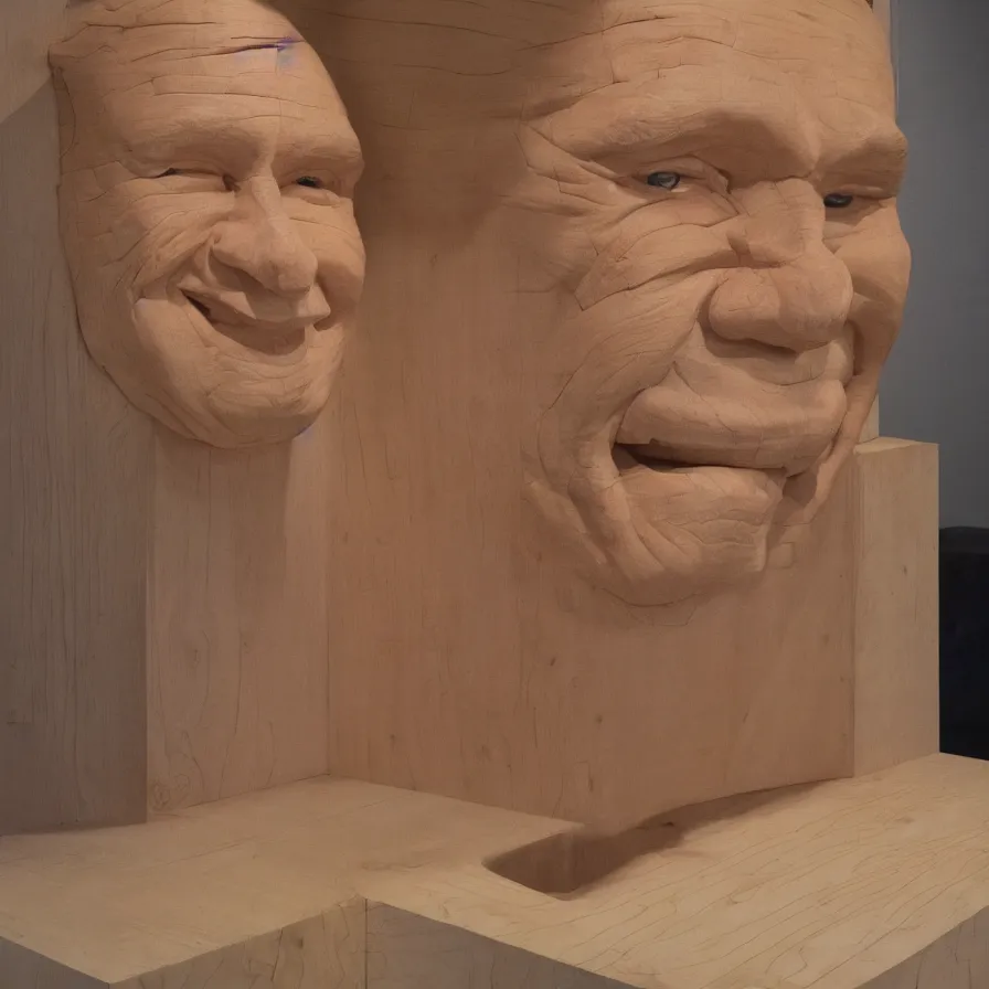 Image similar to hyperrealistic sculpture of a human face smiling carved out of pine plywood on a pedestal by duane hanson and donald judd, hyperrealistic dramatic colored lighting trending on artstation 8 k