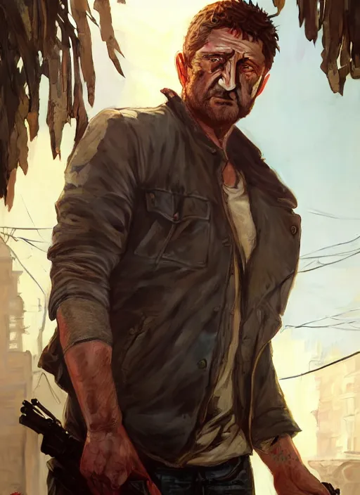 Prompt: Highly detailed portrait of Gerard Butler, in GTA V, Stephen Bliss, unreal engine, fantasy art by Greg Rutkowski, Loish, Rhads, ferdinand knab, Makoto Shinkai and Lois van baarle, ilya kuvshinov, rossdraws, Tom Bagshaw, alphonse mucha, global illumination, radiant light, detailed and intricate environment