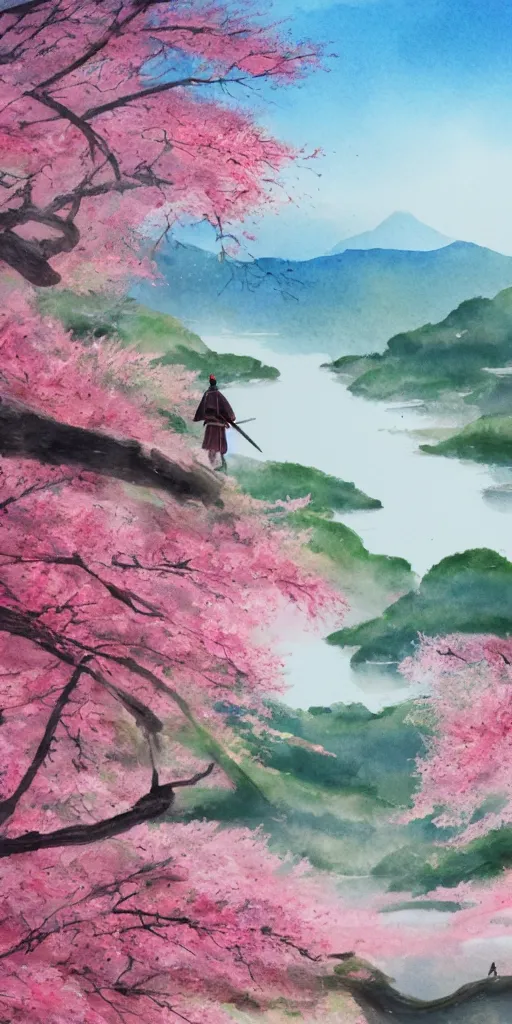 Prompt: A lone samurai watching over a valley of cherry blossom trees, water color painting, concept art, HD