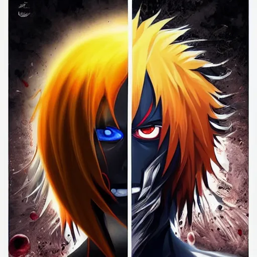 Image similar to split face Ichigo poster, epic artwork, anime painting, extremely detailed, trending on Artstation, award-winning art