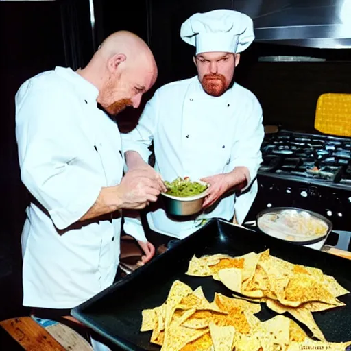 Image similar to walter white and jesse pinkman cooking nachos with nacho