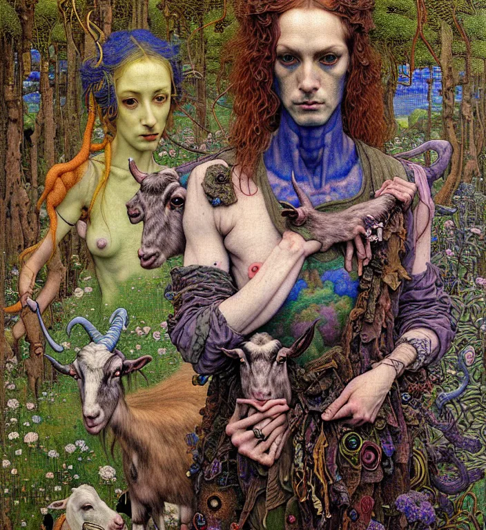 Image similar to pixelated corrupted over-saturated professional pre-raphaelite defined colours 4k uncropped photo of a fully clothed punk person in the cyberpunk forest with a goat and a robot by Ivan Bilibin, Austin Osman Spare, high quality, ultra detailed. Beksinski painting, art by Takato Yamamoto. masterpiece, oil on canvas painting, pixelart, pixel sorting, datamosh, glitch. vivid acid neon colours. Futurism by beksinski carl spitzweg moebius and tuomas korpi. baroque elements. baroque element. intricate artwork by caravaggio. Oil painting. 3d rendered in octane. cinematin, pixiv, unreal5, 8k