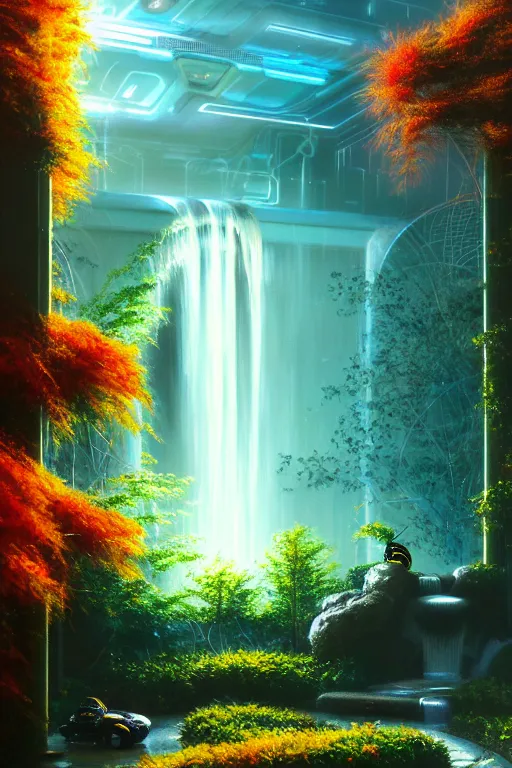 Image similar to futuristic garden glowing in autumn, marble fountains, small waterfalls, ecosystem, robotic bumblebees, 1 9 8 0 s science fiction, 1 9 7 0 s science fiction, alien 1 9 7 9, cyberpunk, 3 d oil painting, depth perception, 4 k, artstation