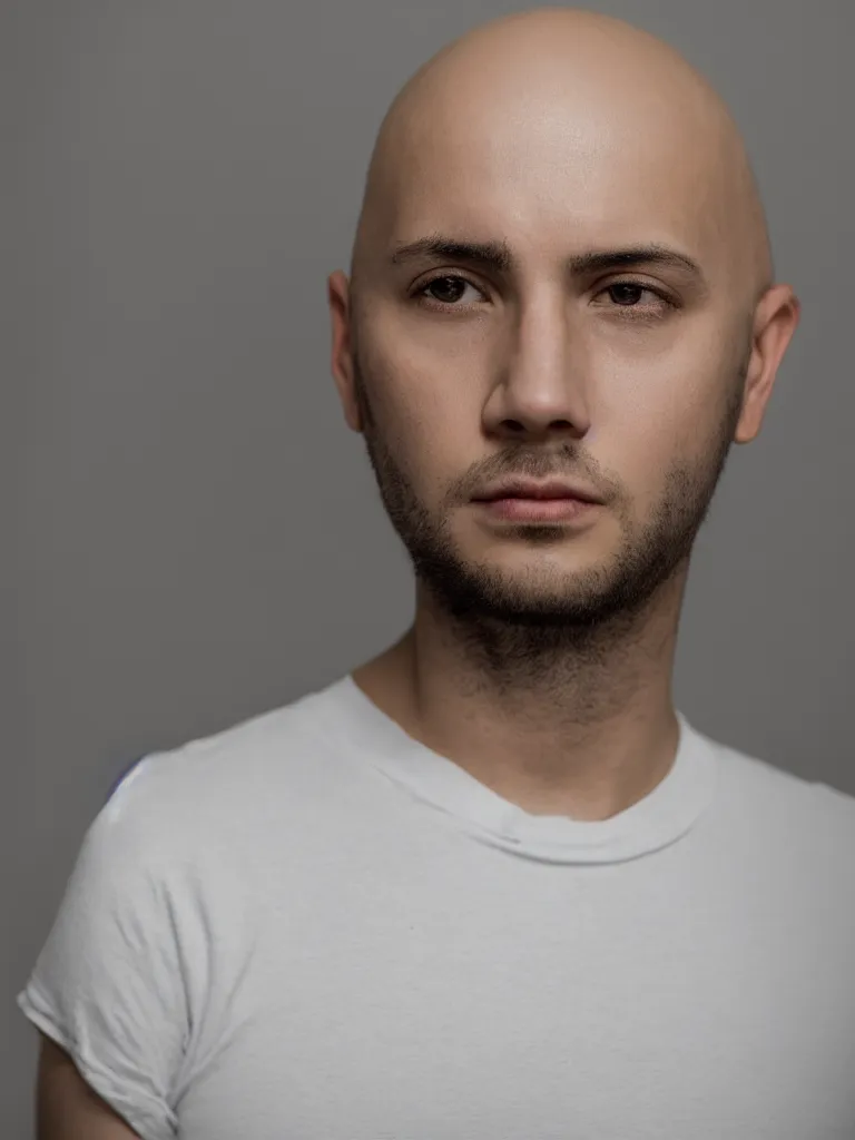 Image similar to A calm portrait picture of a young bald man who is wearing a black t-shirt and looking sideways into the camera, in-front of a white wall, high resolution, 4k