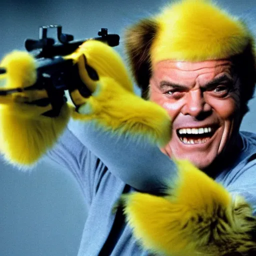 Image similar to Jack Nicholson plays Terminato and he shoots Pikachu, yellow fur explodes