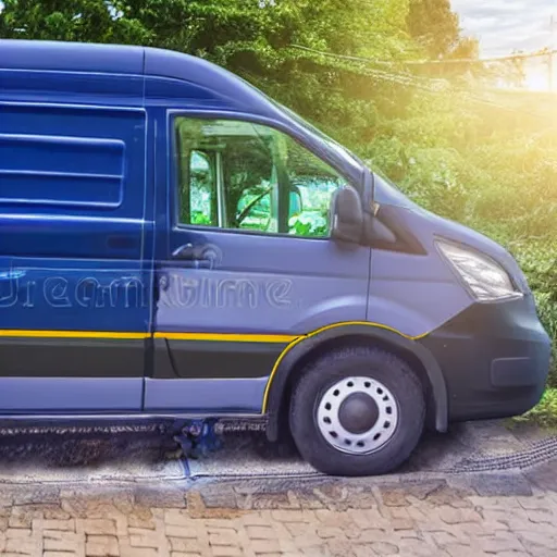 Image similar to stock image of man washing amazon van with microfibre cloth, the van is very clean and you can only see the bonnet and his arm which is cleaning. the lighting is dynamic, stock photo 3 5 mm 8 k photorealistic