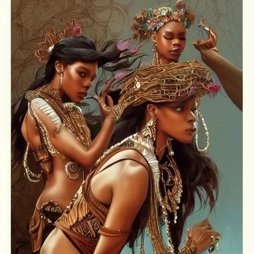 Image similar to three!! beautiful Zulu goddesses, intricate, elegant, highly detailed, digital painting, artstation, concept art, smooth, sharp, focus, illustration, art by artgerm and greg rutkowski and alphonse mucha