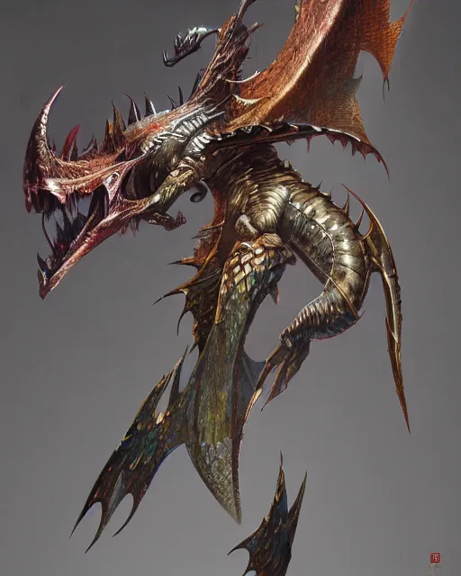 Image similar to game character beautiful sea dragon half fish half dragon, armored skin, scales, incredible detail by Ruan Jia and Gil Elvgren, fullbody