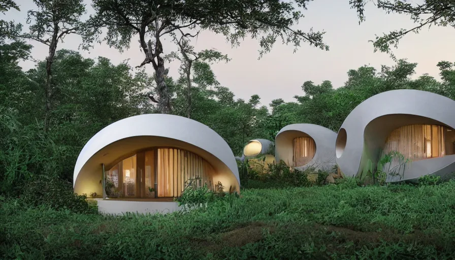 Image similar to A wide image of an eco-community neighborhood of innovative contemporary 3D printed prefab sea ranch style cabins with rounded corners and angles, beveled edges, made of cement and concrete, organic architecture, in a lush green eco community, Designed by Gucci and Wes Anderson, golden hour