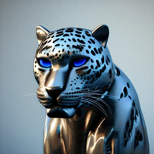 Image similar to silver jaguar sculpture with glowing blue eyes, octane render