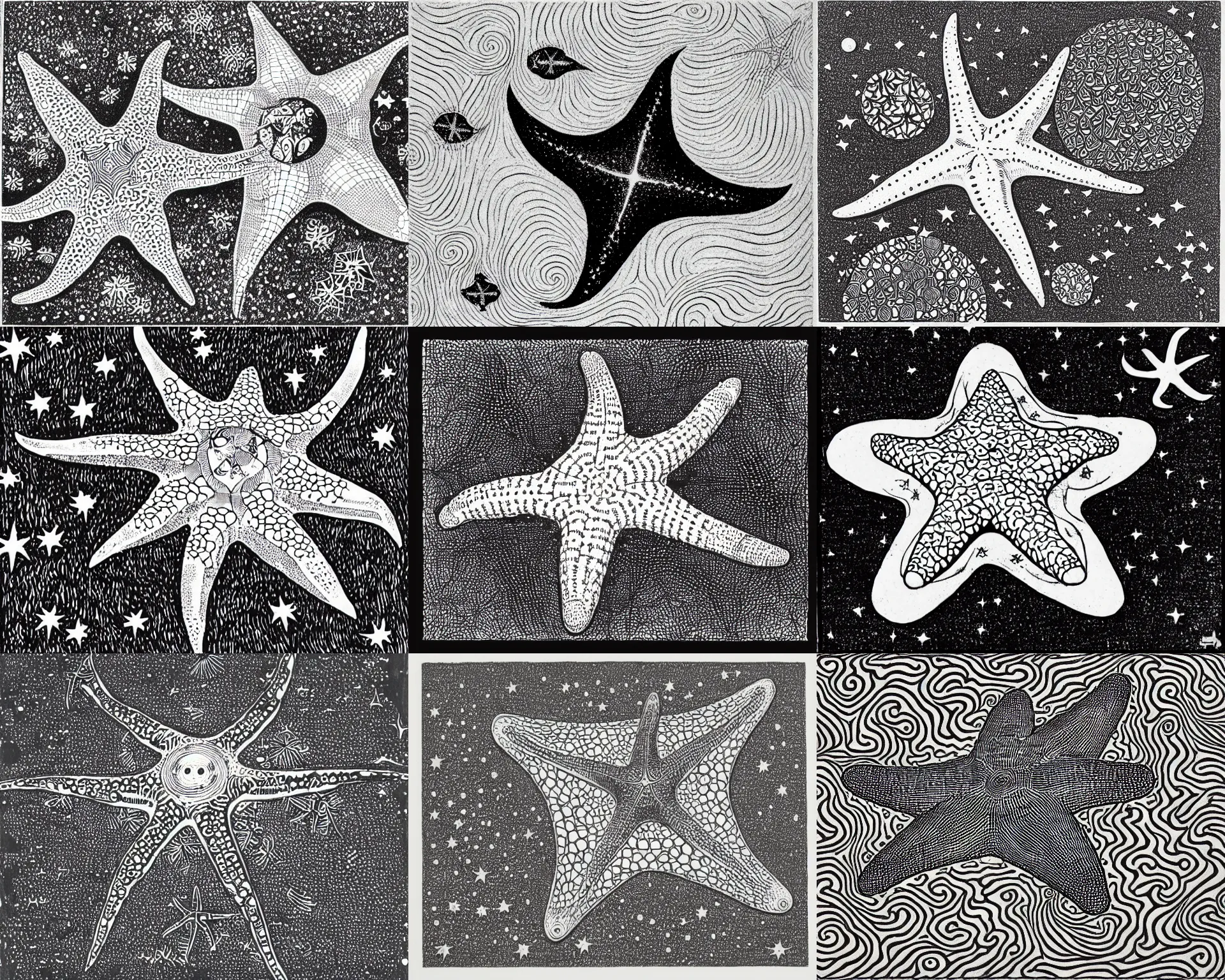 Prompt: a starfish floating in outer space, drawn by m. c. escher and damien hirst and gustav klimt. woodblock, monochrome, ink, 3 d, lithograph, black background