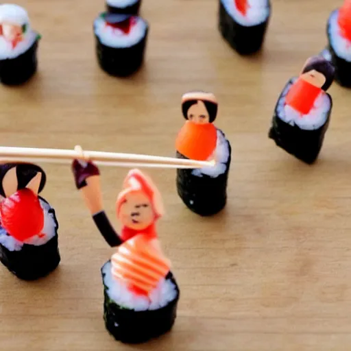 Image similar to miniature people making sushi