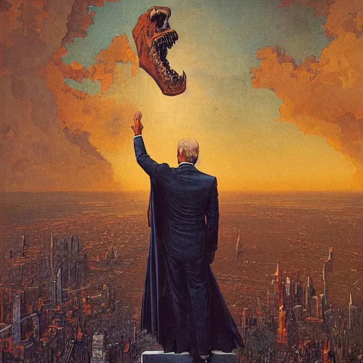 Image similar to immense, majestic, surreal, terrifying joe biden standing triumphant over the city, perfectly clear face, by j. c. leyendecker, bosch, and beksinski