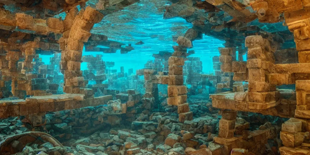 Prompt: mc donald's ruins underwater, wide shot, intricate details, caustics