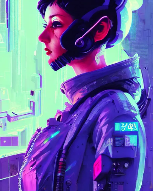 Prompt: detailed portrait of European Dispatcher Pilot girl Sheen Holographic coat, Futuristic sci-fi fashion Akira, Evangelion, cyberpunk, neotokyo, synthwave, aesthetics, futuristic, bladerunner movie scene by ismail inceoglu dragan bibin hans thoma greg rutkowski Alexandros Pyromallis Nekro Rene Margitte illustrated Perfect face, fine details, realistic shaded, fine-face, pretty face sharp chine