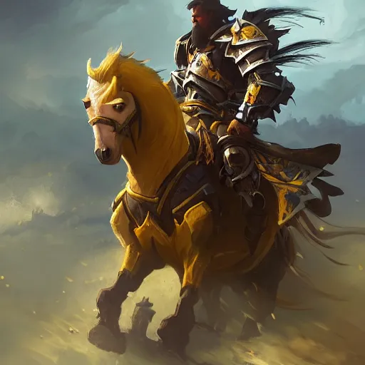 Image similar to a knight riding a horse, yellow theme, bright art masterpiece artstation. 8 k, sharp high quality artwork in style of jose daniel cabrera pena and greg rutkowski, concept art by tooth wu, blizzard warcraft artwork, hearthstone card game artwork, horse rider