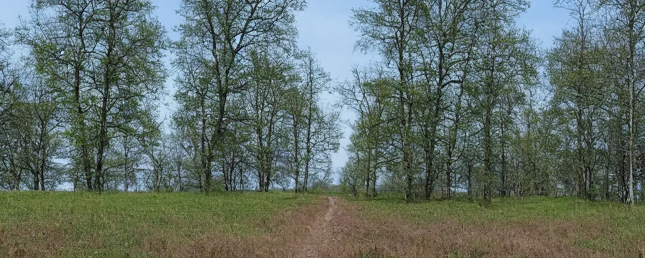 Image similar to at the dam there was a field, with a path running through it, and the sky was a pale blue with no clouds, and the trees stood silent in their verdure