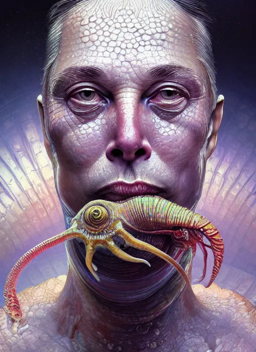 Image similar to elon musk as mollusk, slime, drool, portrait, intricate, elegant, highly detailed, digital painting, artstation, concept art, wallpaper, smooth, sharp focus, illustration, art by h. r. giger and artgerm and greg rutkowski and alphonse mucha