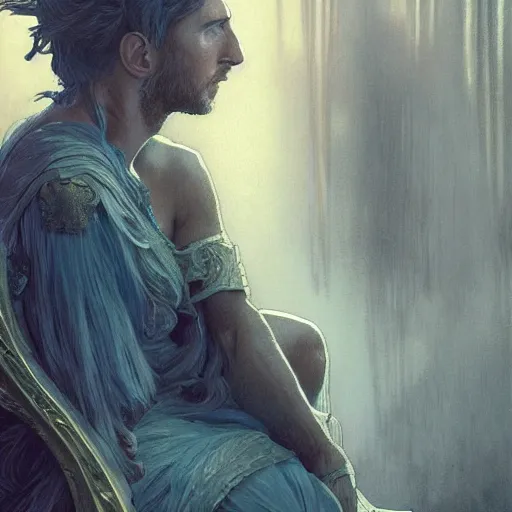 Image similar to Messi sitting on a majestic throne, closeup, D&D style, fantasy, intricate, elegant, highly detailed, digital painting, artstation, concept art, matte, sharp focus, illustration, art by Artgerm and Greg Rutkowski and Alphonse Mucha