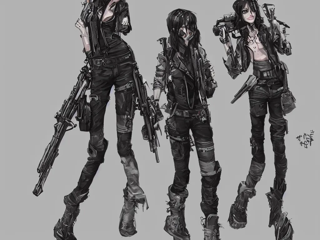 Prompt: fullbody portrait of a beautiful girl dressed in punk street cloth, standing on street, holding a sniper rifle. by riot games, anime style, blade runner, character design, character concept art, masterpiece, award - winning, trending on artstation and pixiv