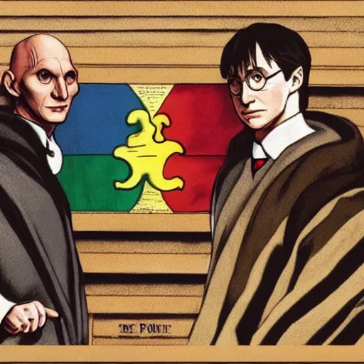 Image similar to harry potter with voldemort, pride flag in background, full picture, art by normal rockwell