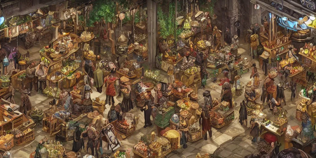 Image similar to an image of a bustling elven marketplace in the genre of dungeons and dragons